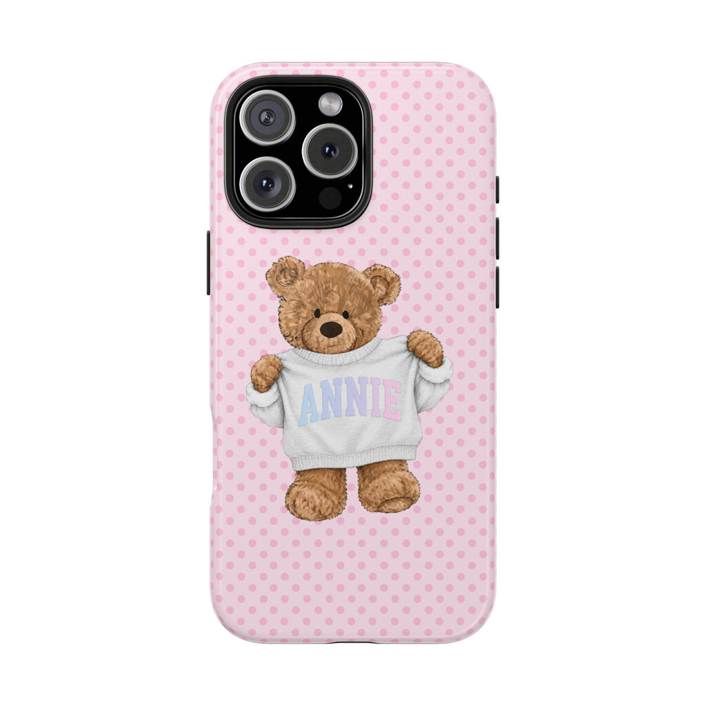 PERSONALIZED VARSITY SWEATER PINK POLKA DOTS CUSTOM TEDDY BEAR NAME PHONE CASE
