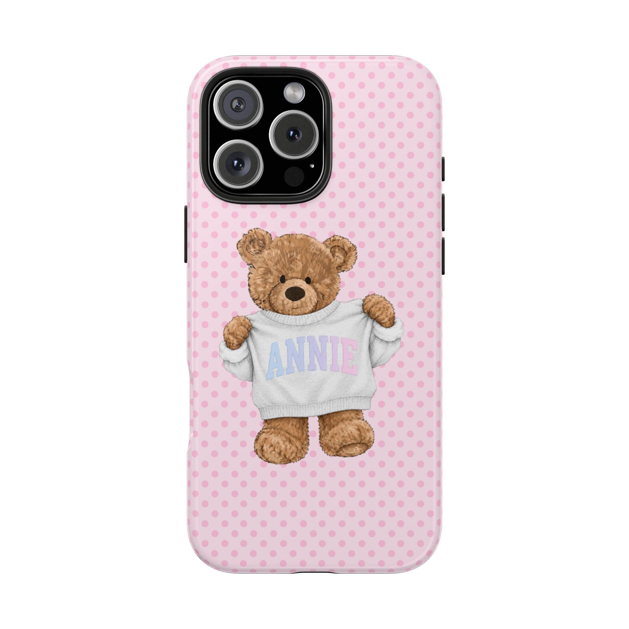 PERSONALIZED VARSITY SWEATER PINK POLKA DOTS CUSTOM TEDDY BEAR NAME PHONE CASE