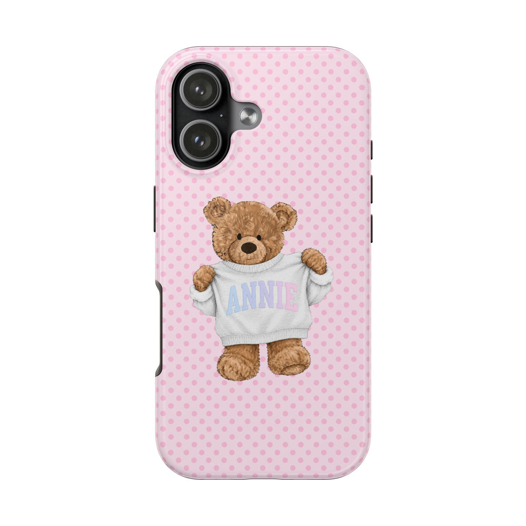 PERSONALIZED VARSITY SWEATER PINK POLKA DOTS CUSTOM TEDDY BEAR NAME PHONE CASE