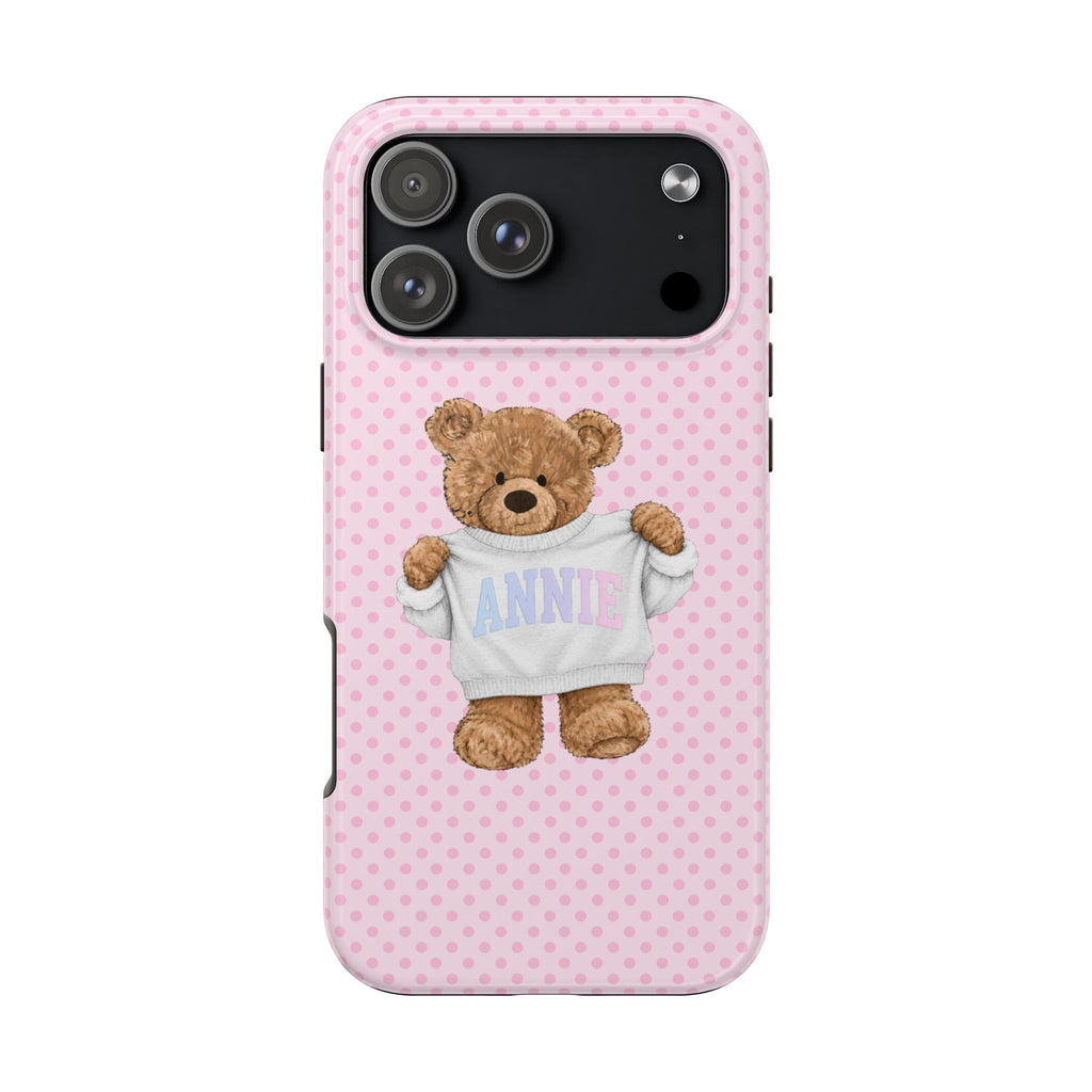 PERSONALIZED VARSITY SWEATER PINK POLKA DOTS CUSTOM TEDDY BEAR NAME PHONE CASE