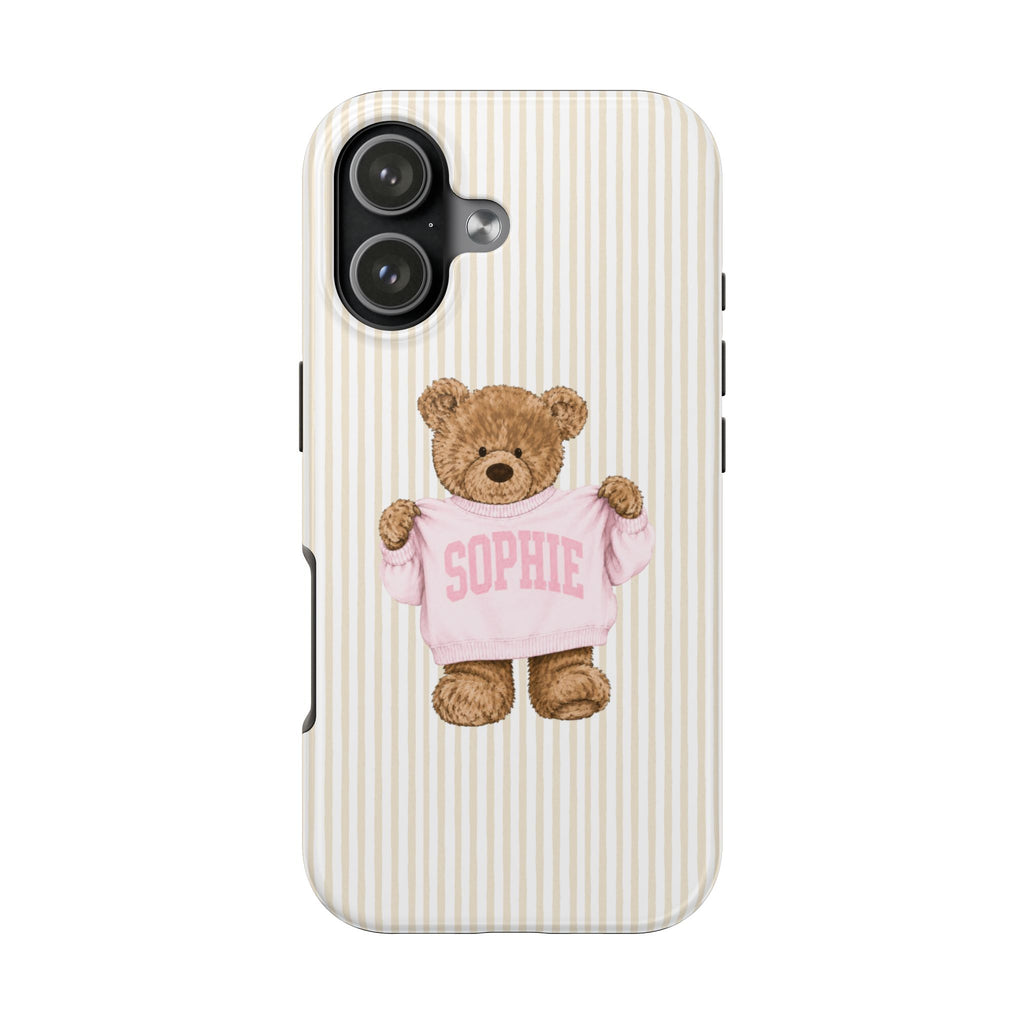 Beige striped phone case with centered teddy bear in pink 'SOPHIE' sweater