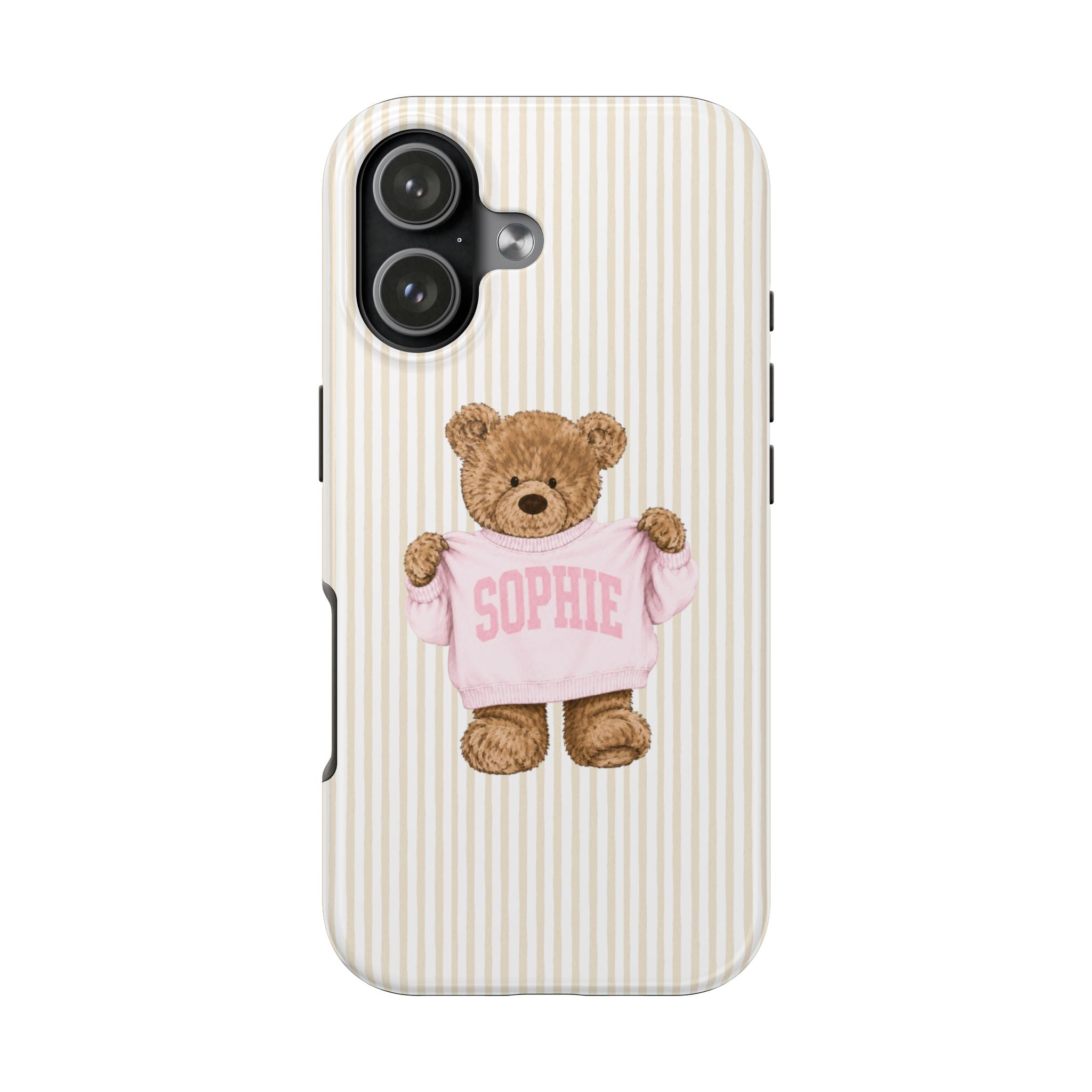 PERSONALIZED VARSITY SWEATER BEIGE STRIPES CUSTOM TEDDY BEAR NAME PHONE CASE