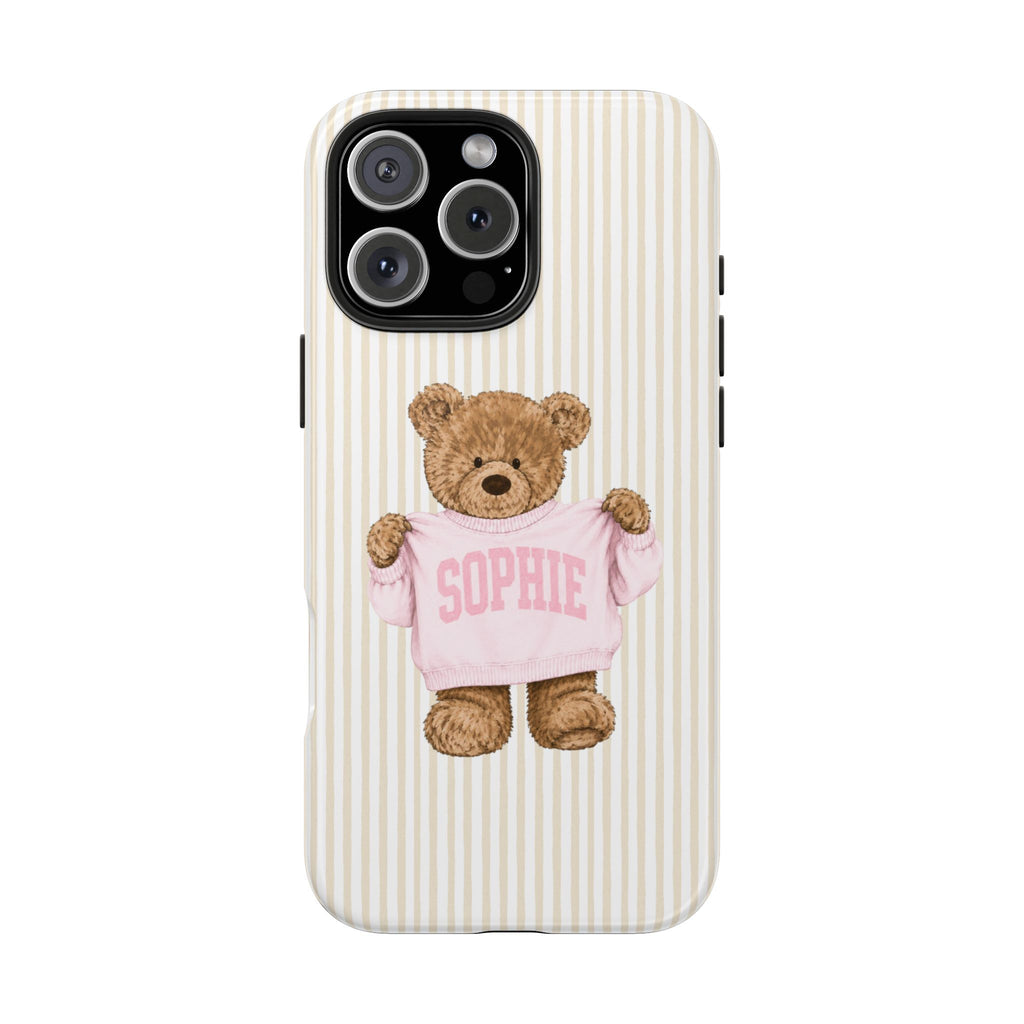 Beige striped phone case with teddy bear in pink 'SOPHIE' sweater
