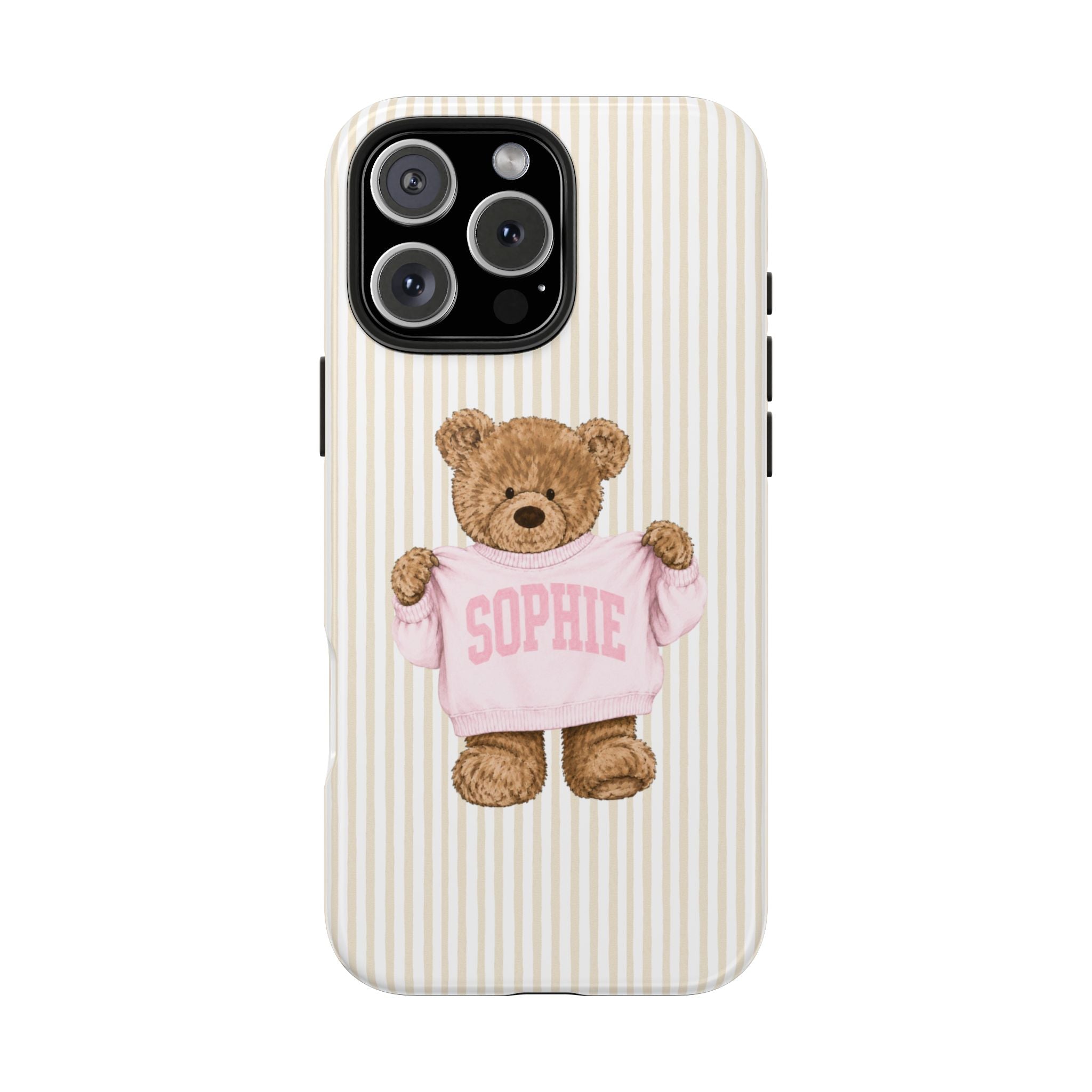 PERSONALIZED VARSITY SWEATER BEIGE STRIPES CUSTOM TEDDY BEAR NAME PHONE CASE