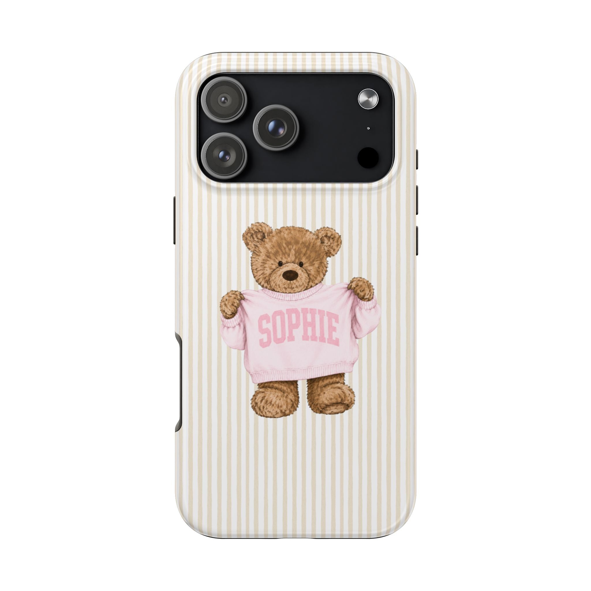 PERSONALIZED VARSITY SWEATER BEIGE STRIPES CUSTOM TEDDY BEAR NAME PHONE CASE