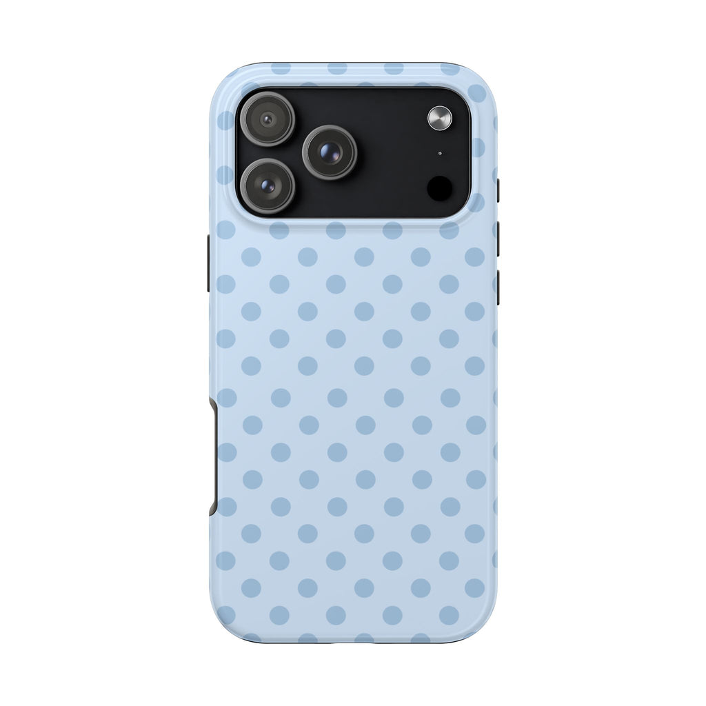Light blue polka dot phone case with dual-camera cutout and button openings.