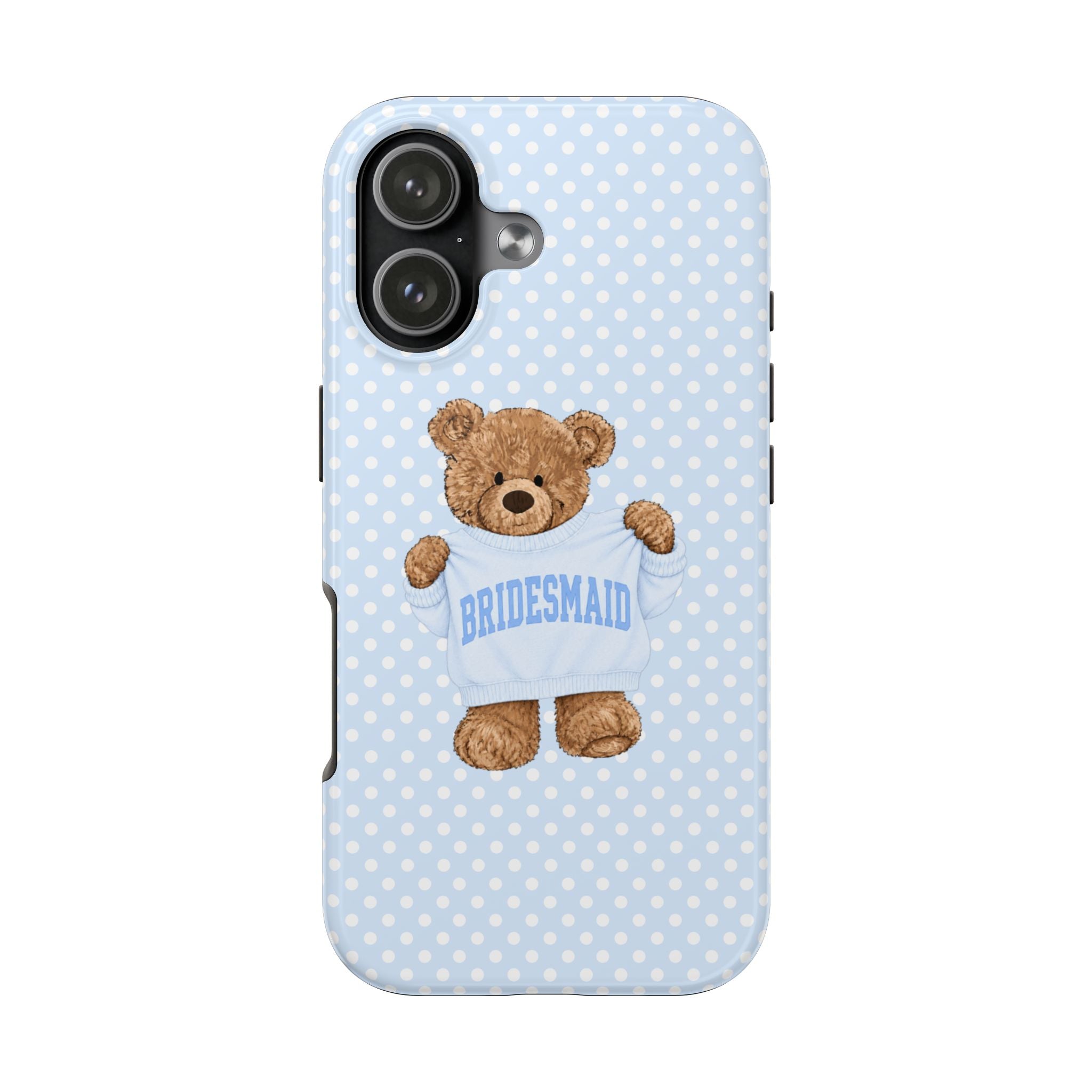 PERSONALIZED VARSITY SWEATER BLUE POLKA DOTS BRIDESMAID CUSTOM TEDDY BEAR NAME PHONE CASE