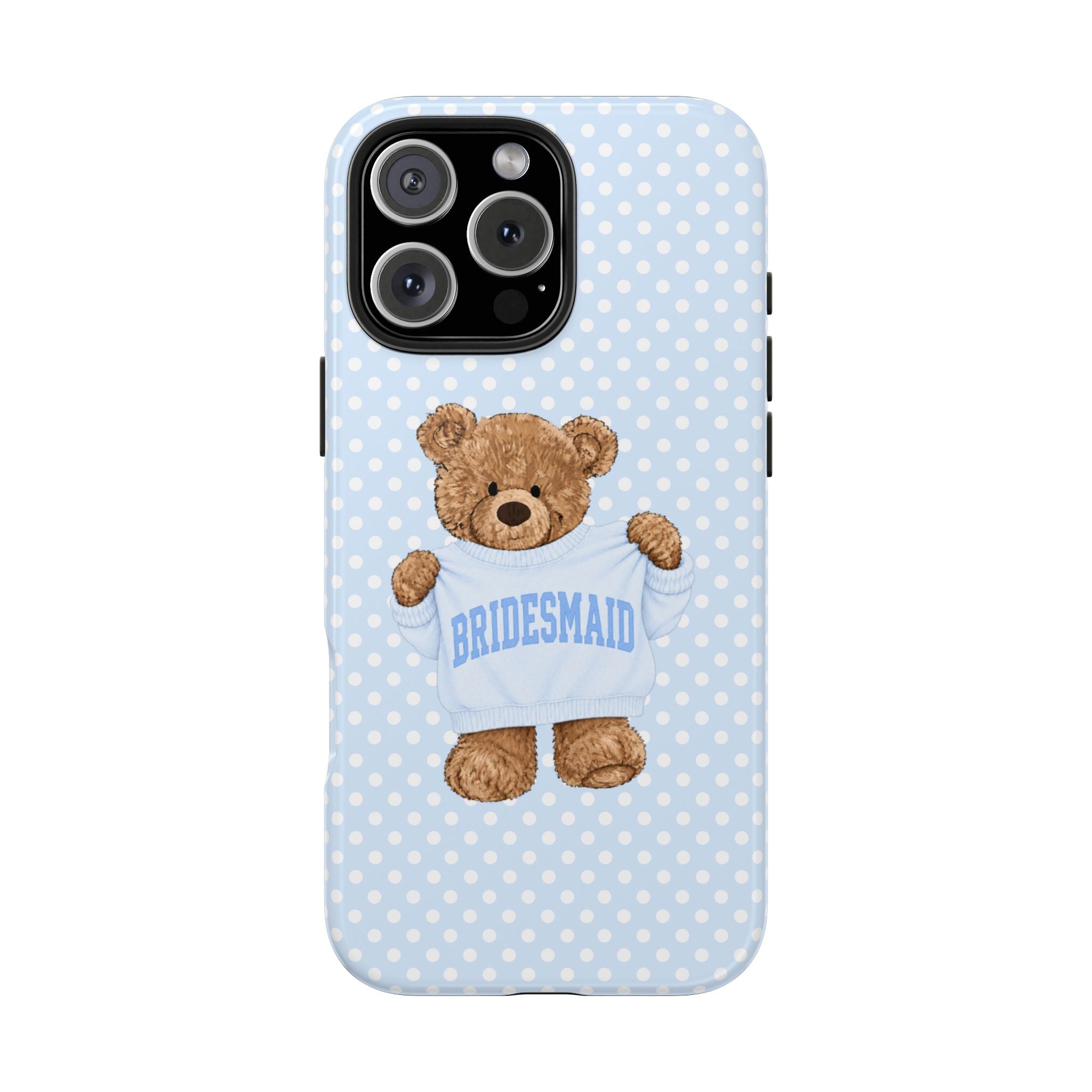 PERSONALIZED VARSITY SWEATER BLUE POLKA DOTS BRIDESMAID CUSTOM TEDDY BEAR NAME PHONE CASE