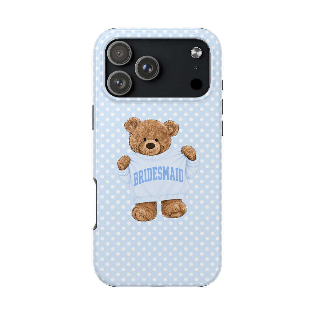 Blue polka-dot phone case with teddy bear in light sweater graphic labeled BRIDESMAID