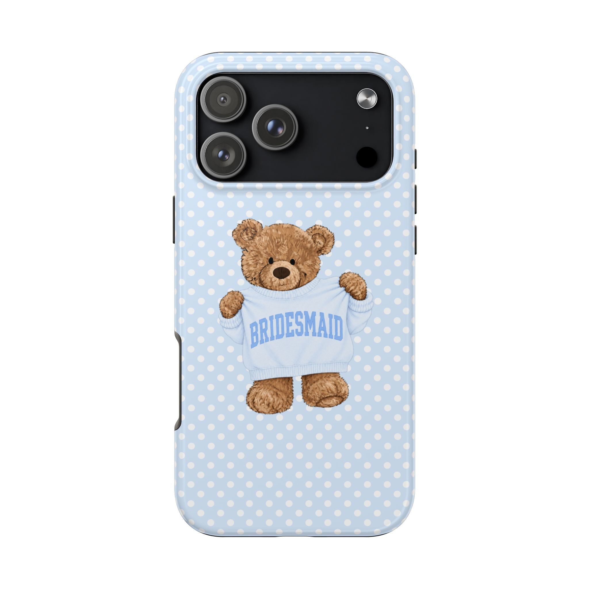 PERSONALIZED VARSITY SWEATER BLUE POLKA DOTS BRIDESMAID CUSTOM TEDDY BEAR NAME PHONE CASE