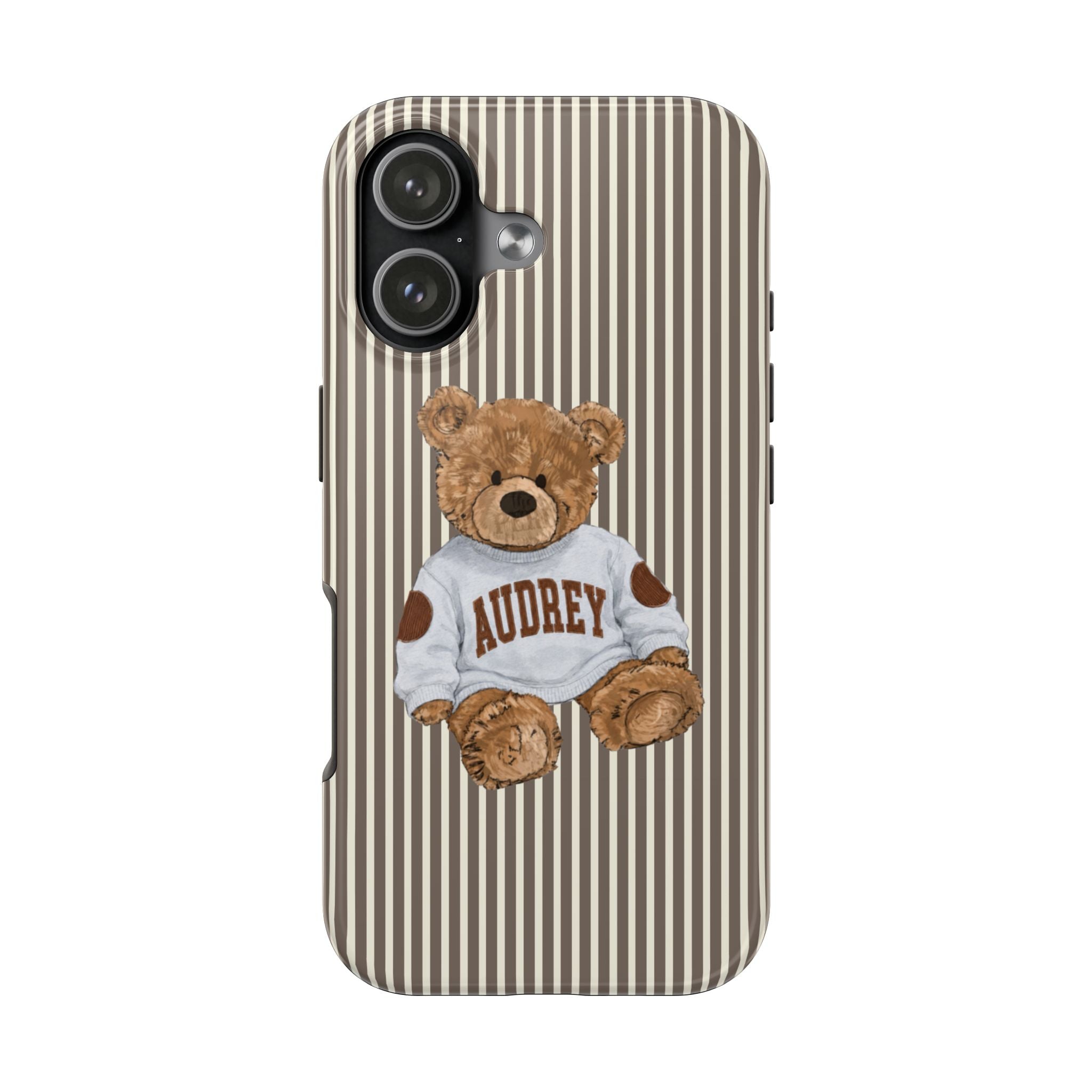 PERSONALIZED VARSITY SWEATER BROWN STRIPES CUSTOM TEDDY BEAR NAME PHONE CASE