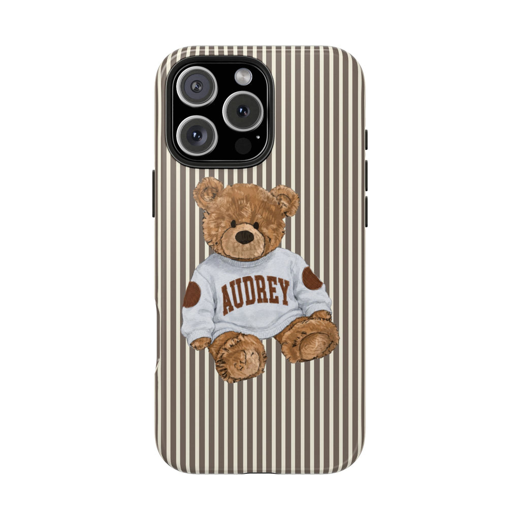 PERSONALIZED VARSITY SWEATER BROWN STRIPES CUSTOM TEDDY BEAR NAME PHONE CASE
