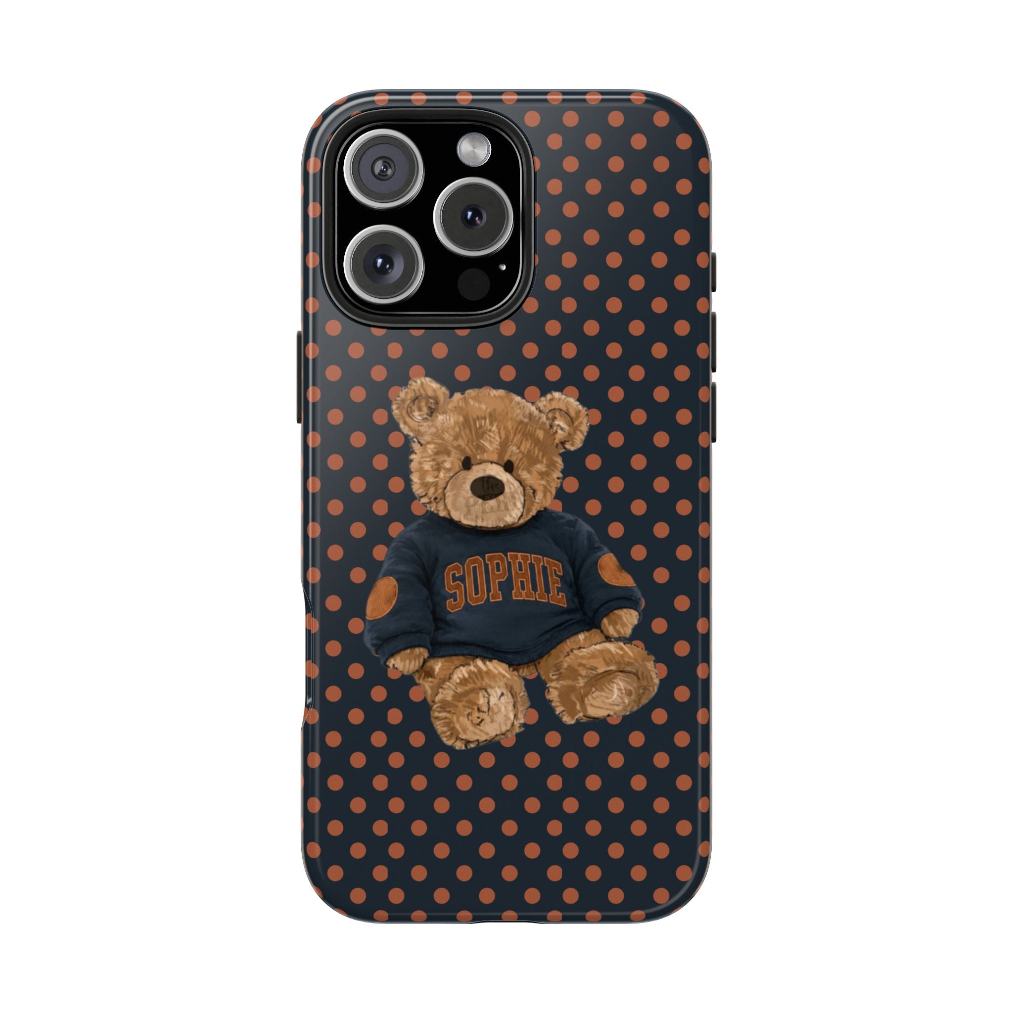 PERSONALIZED VARSITY SWEATER NAVY BROWN POLKA DOTS CUSTOM TEDDY BEAR NAME PHONE CASE
