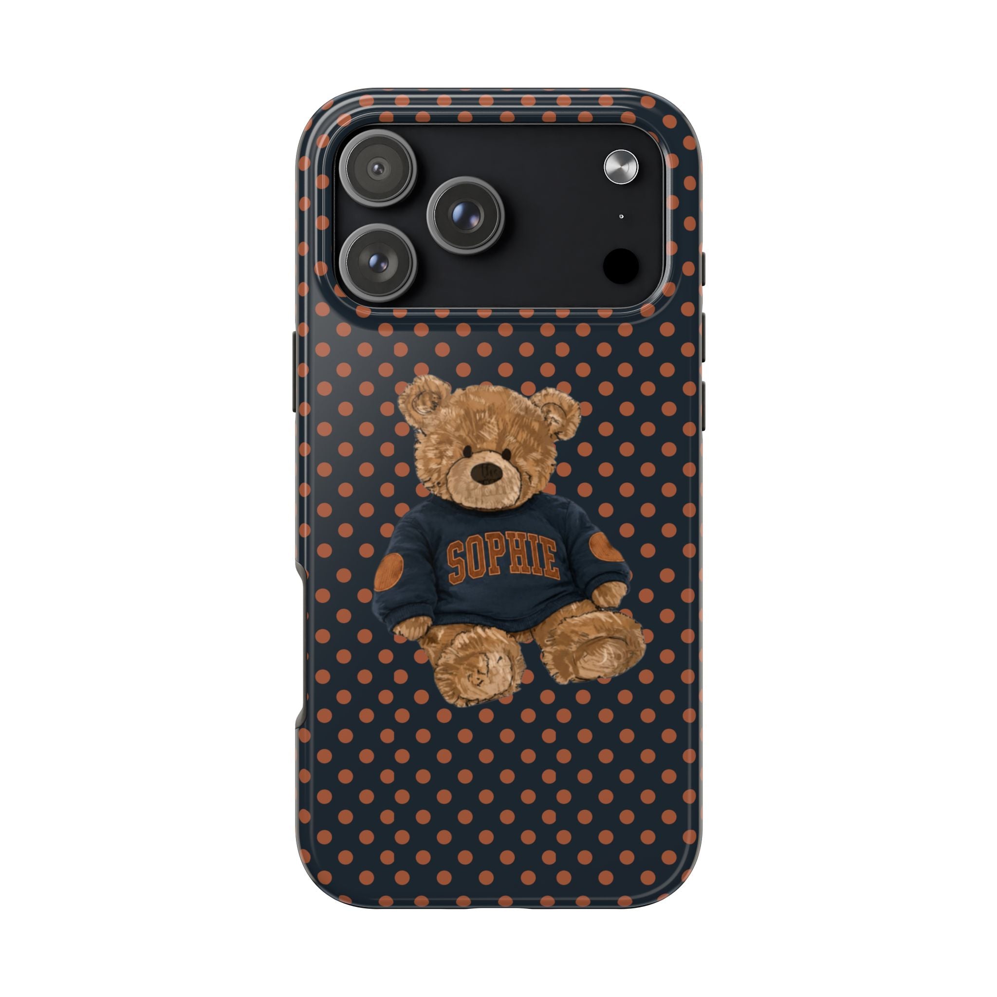 PERSONALIZED VARSITY SWEATER NAVY BROWN POLKA DOTS CUSTOM TEDDY BEAR NAME PHONE CASE