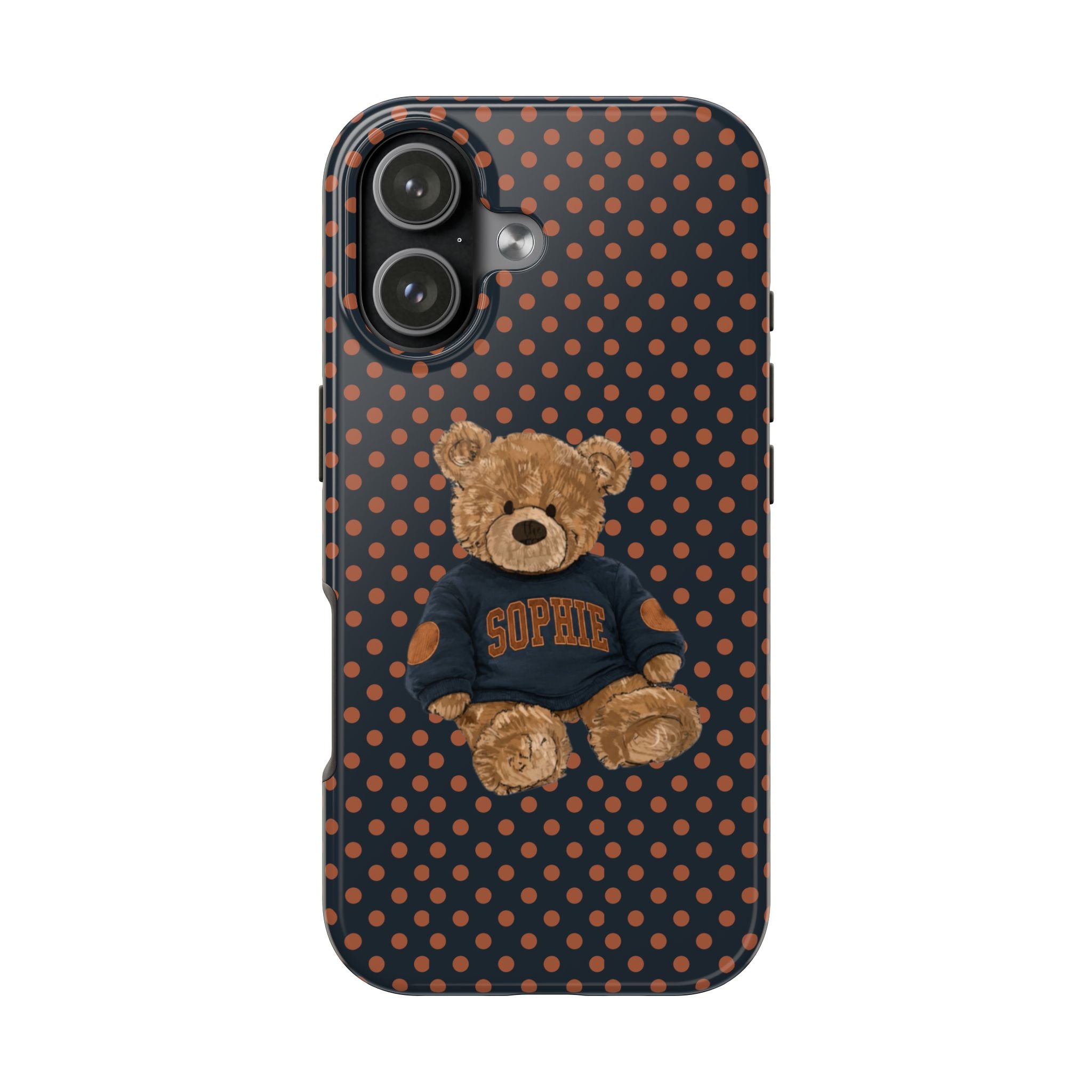PERSONALIZED VARSITY SWEATER NAVY BROWN POLKA DOTS CUSTOM TEDDY BEAR NAME PHONE CASE