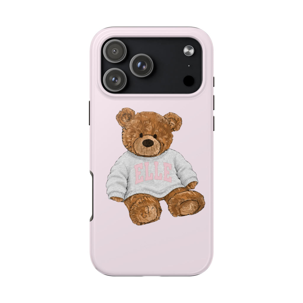 Pink phone case featuring teddy bear in gray sweatshirt with “ELLE”