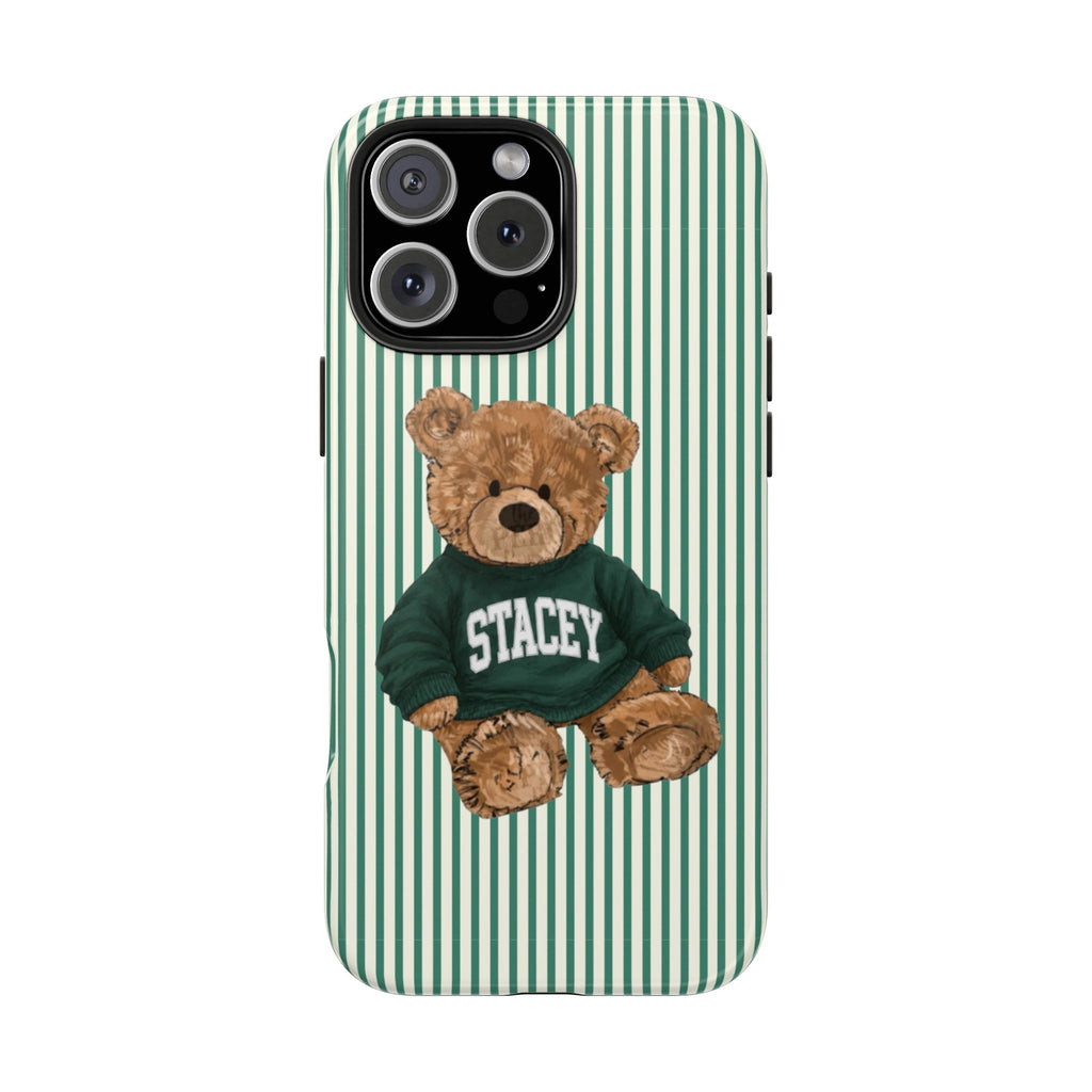 PERSONALIZED VARSITY SWEATER GREEN STRIPES CUSTOM TEDDY BEAR NAME PHONE CASE