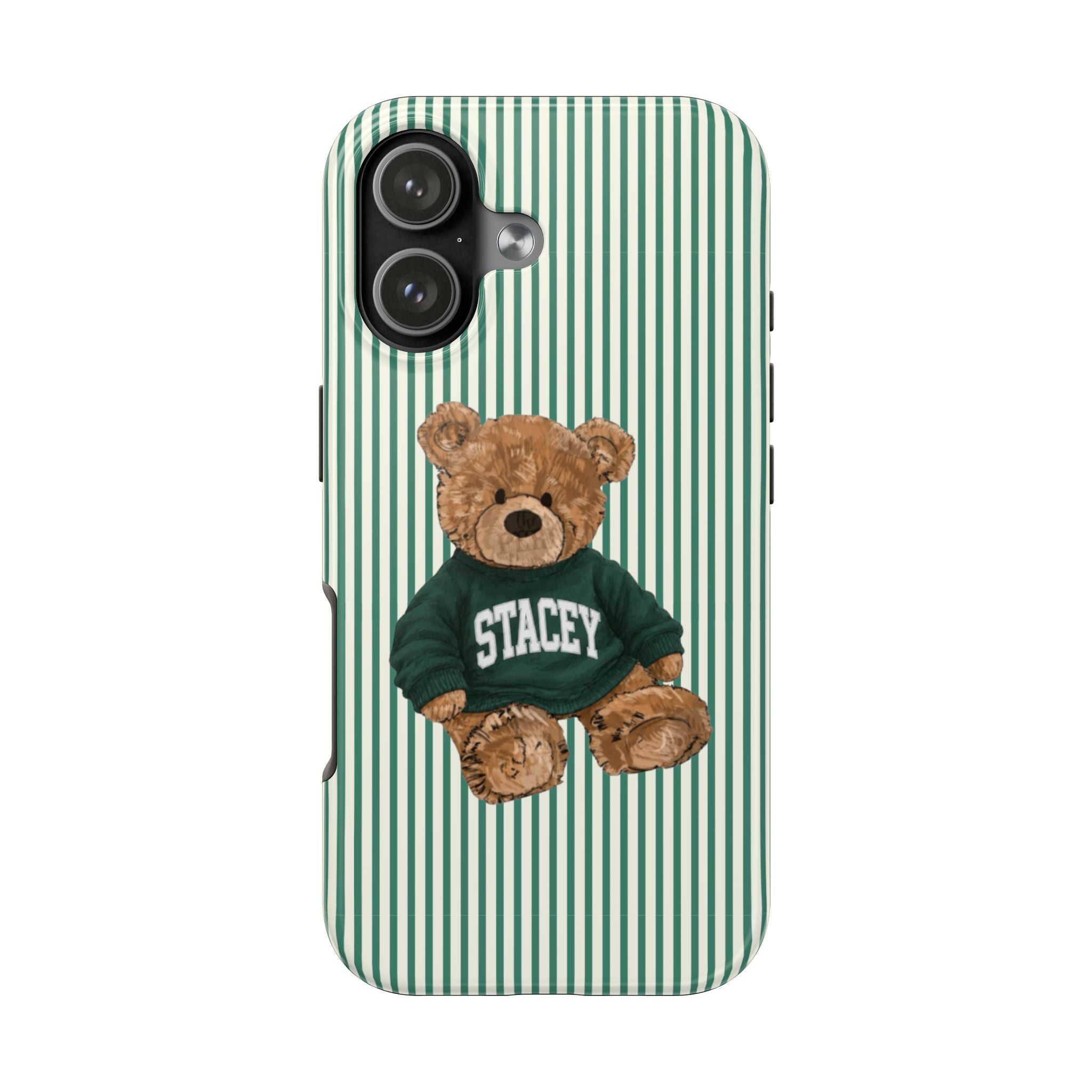PERSONALIZED VARSITY SWEATER GREEN STRIPES CUSTOM TEDDY BEAR NAME PHONE CASE