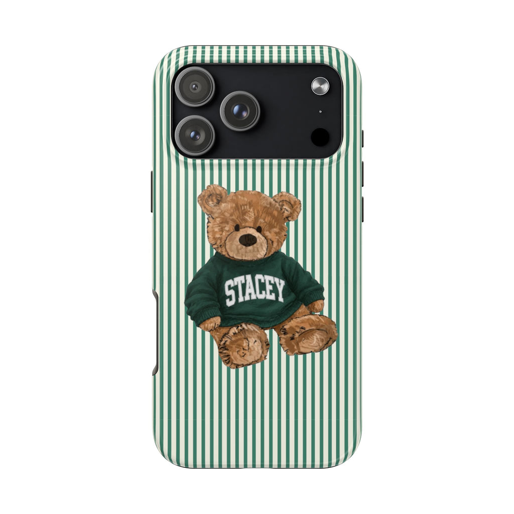 PERSONALIZED VARSITY SWEATER GREEN STRIPES CUSTOM TEDDY BEAR NAME PHONE CASE