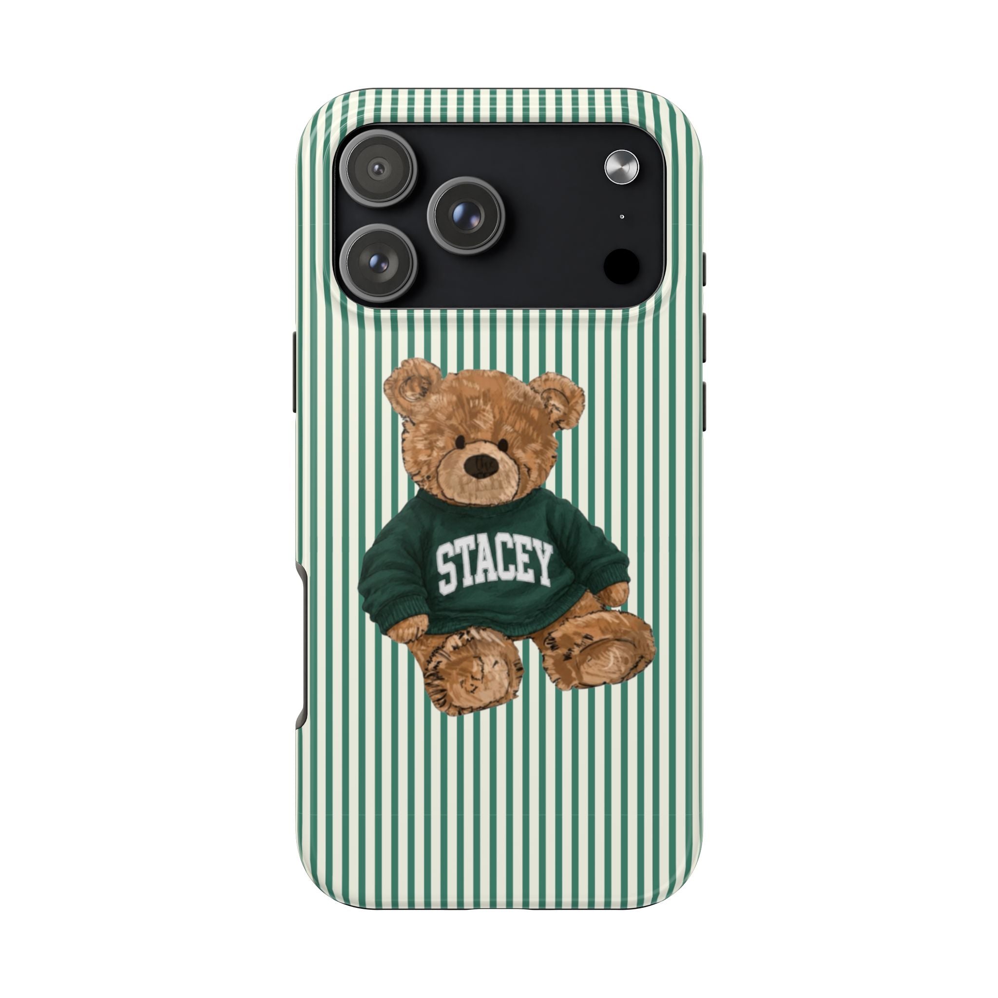 PERSONALIZED VARSITY SWEATER GREEN STRIPES CUSTOM TEDDY BEAR NAME PHONE CASE
