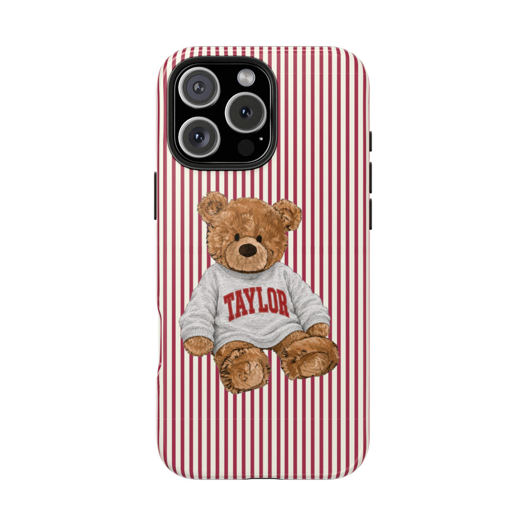 PERSONALIZED VARSITY SWEATER RED STRIPES CUSTOM TEDDY BEAR NAME PHONE CASE