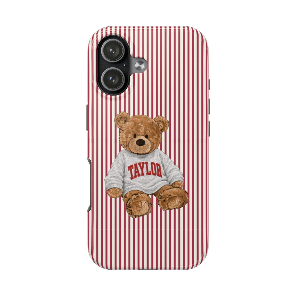PERSONALIZED VARSITY SWEATER RED STRIPES CUSTOM TEDDY BEAR NAME PHONE CASE