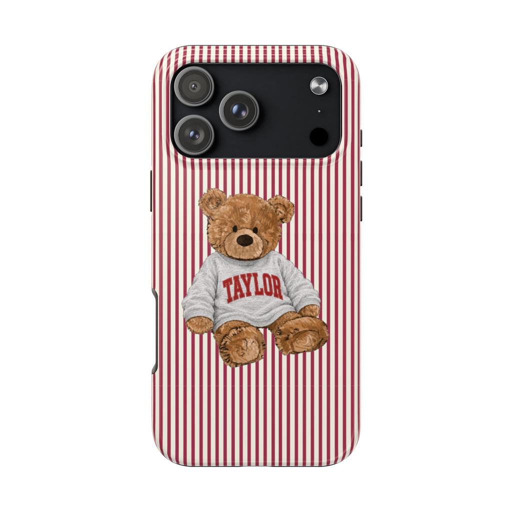 PERSONALIZED VARSITY SWEATER RED STRIPES CUSTOM TEDDY BEAR NAME PHONE CASE