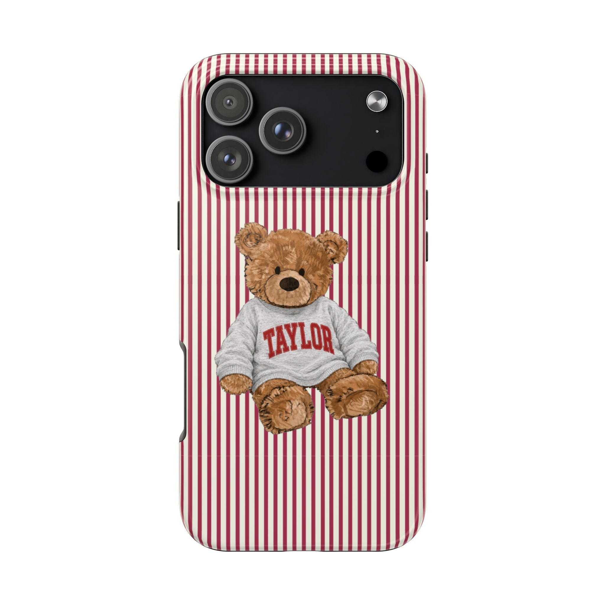 PERSONALIZED VARSITY SWEATER RED STRIPES CUSTOM TEDDY BEAR NAME PHONE CASE