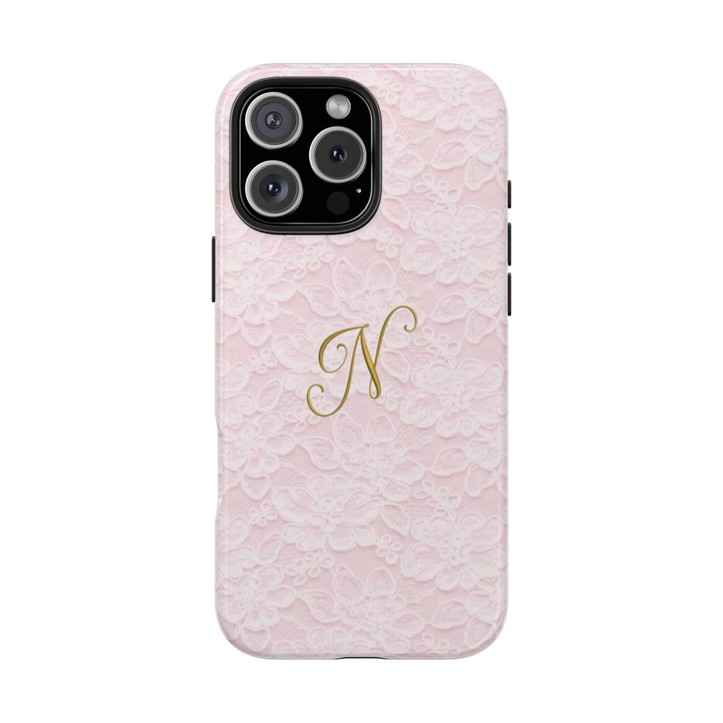 PERSONALIZED PINK LACE GOLD INITIAL LETTER CUSTOM NAME PHONE CASE