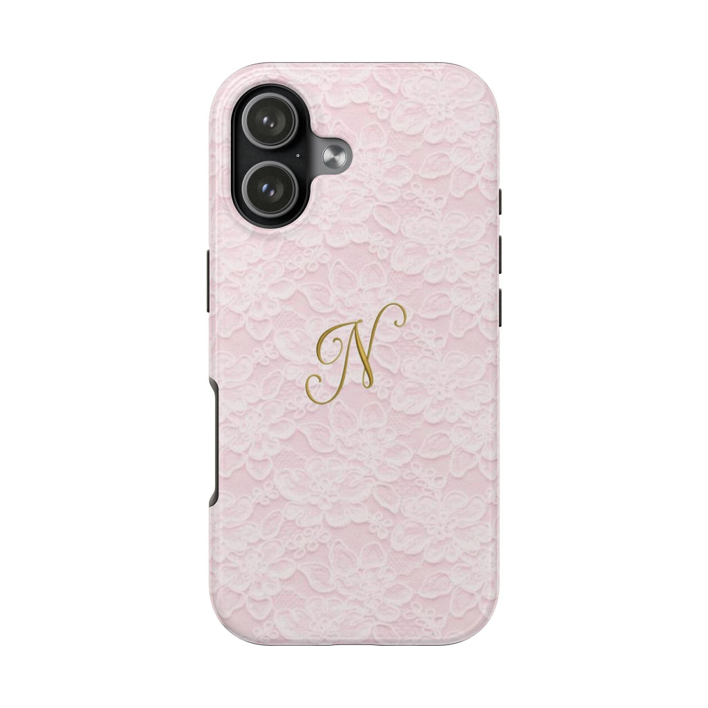PERSONALIZED PINK LACE GOLD INITIAL LETTER CUSTOM NAME PHONE CASE