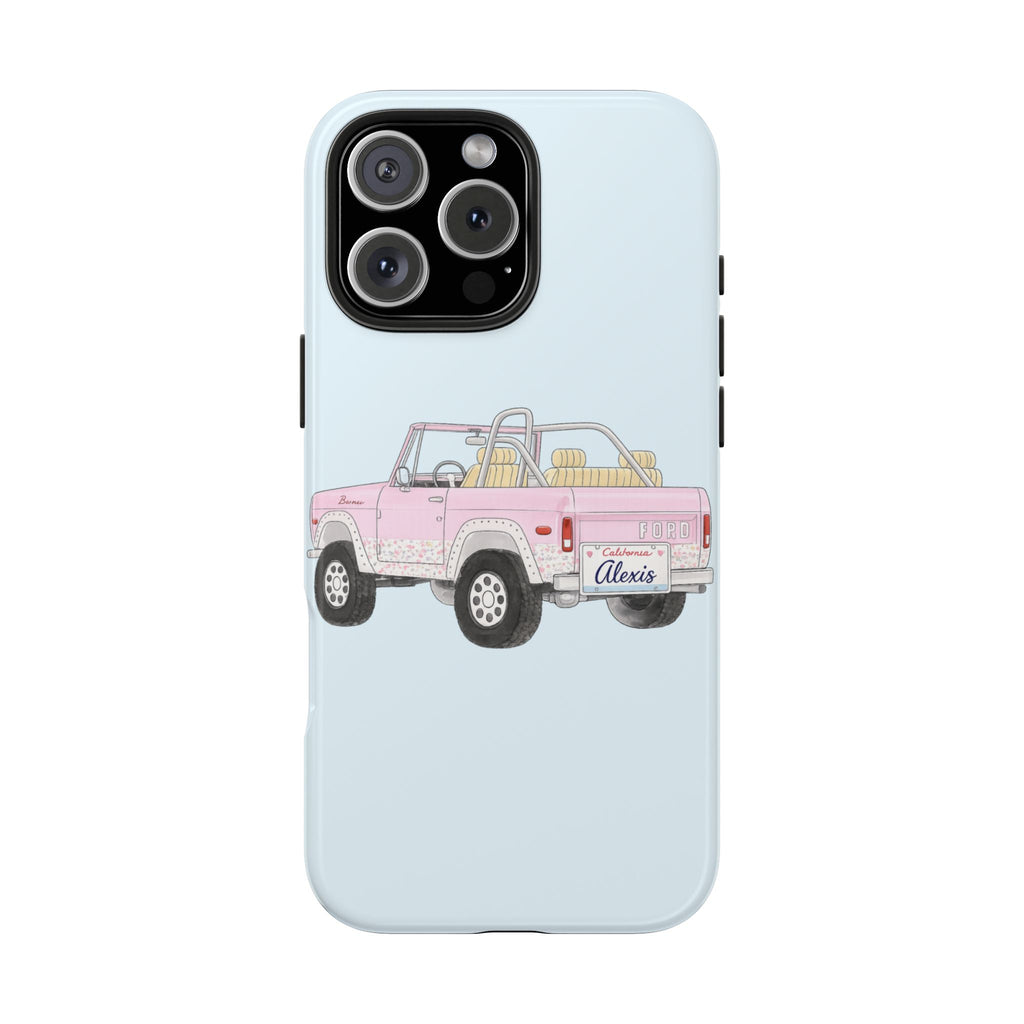 PERSONALIZED BLUE & PINK VINTAGE BRONCO LICENSE PLATE CUSTOM NAME PHONE CASE