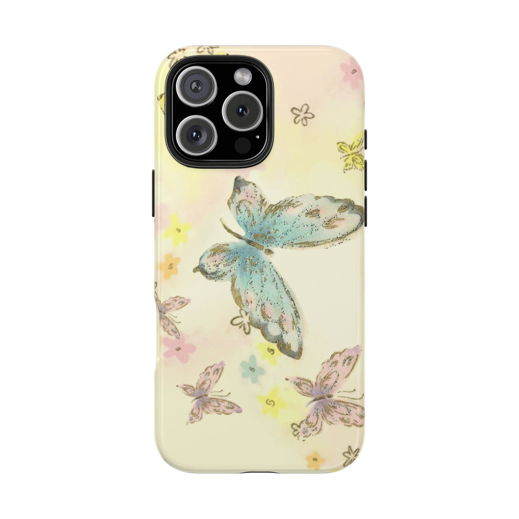 Butter yellow phone case with vintage butterflies and bird illustration, camera cutouts