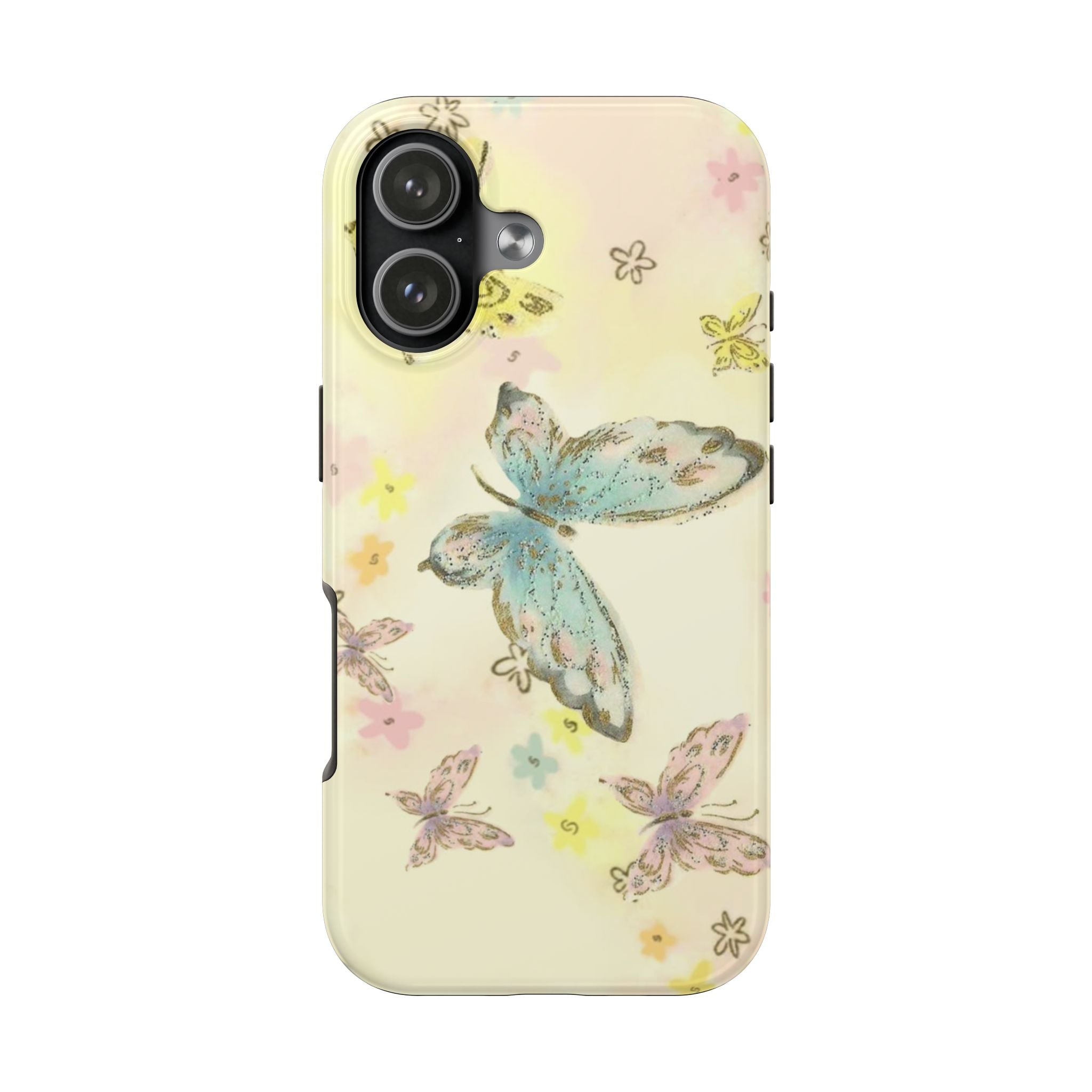 Butter yellow phone case with butterfly and dragonfly print, camera cutouts