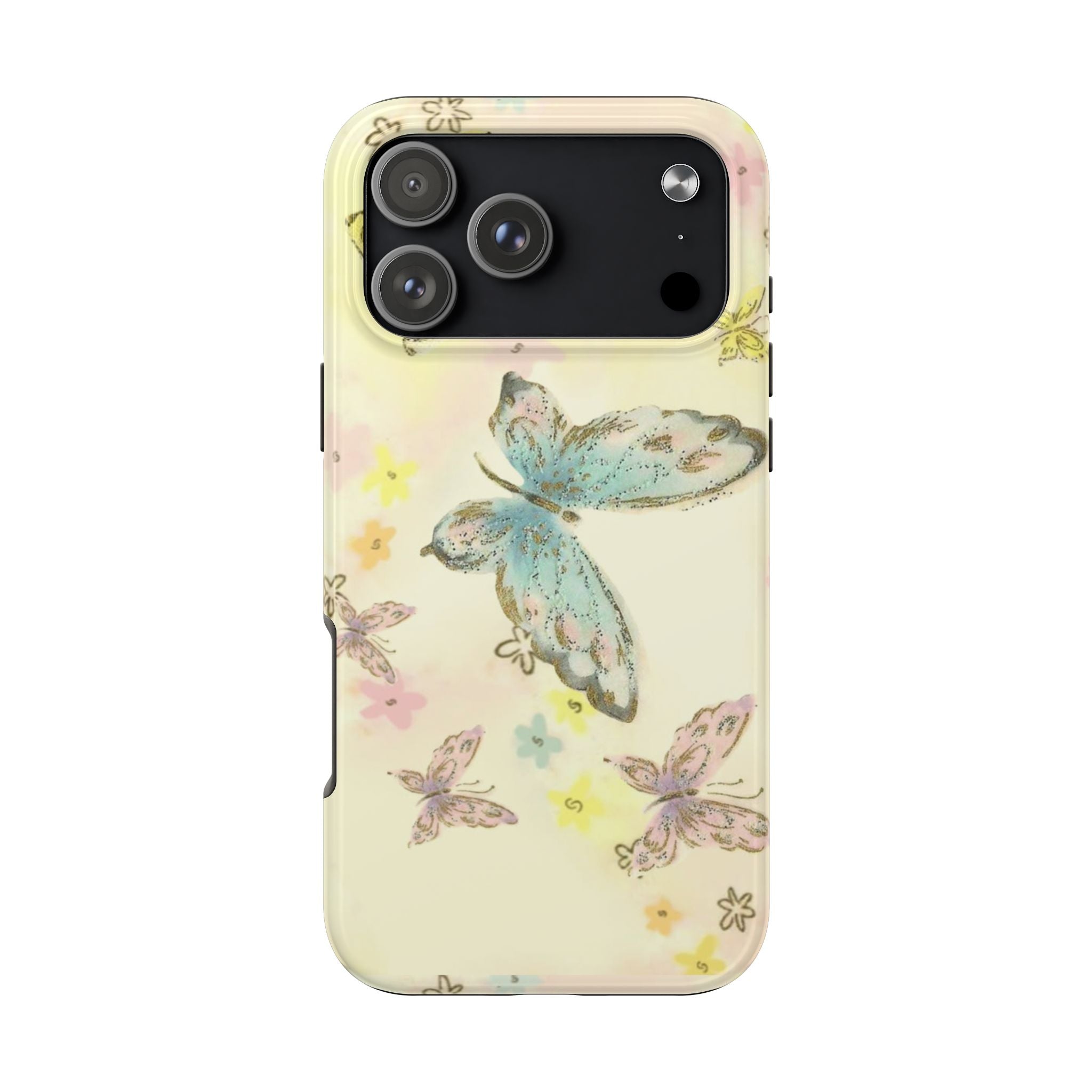 Butter yellow phone case with large butterfly and floral accents, camera cutouts