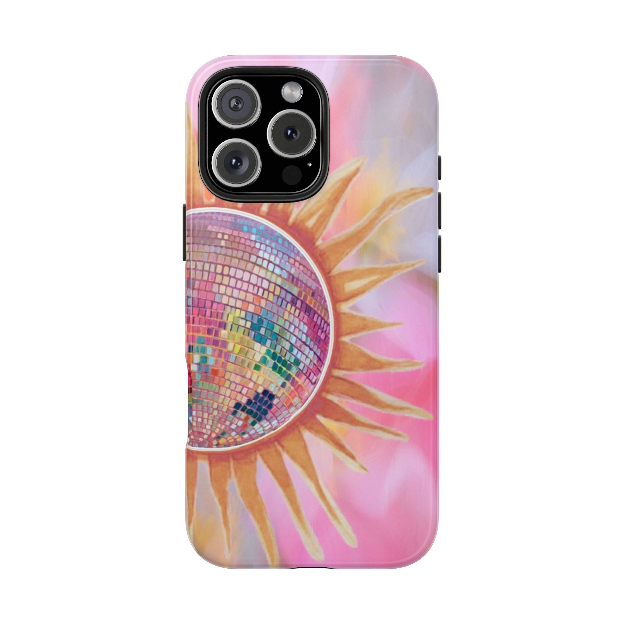 Pink phone case featuring colorful sunburst mosaic across the back