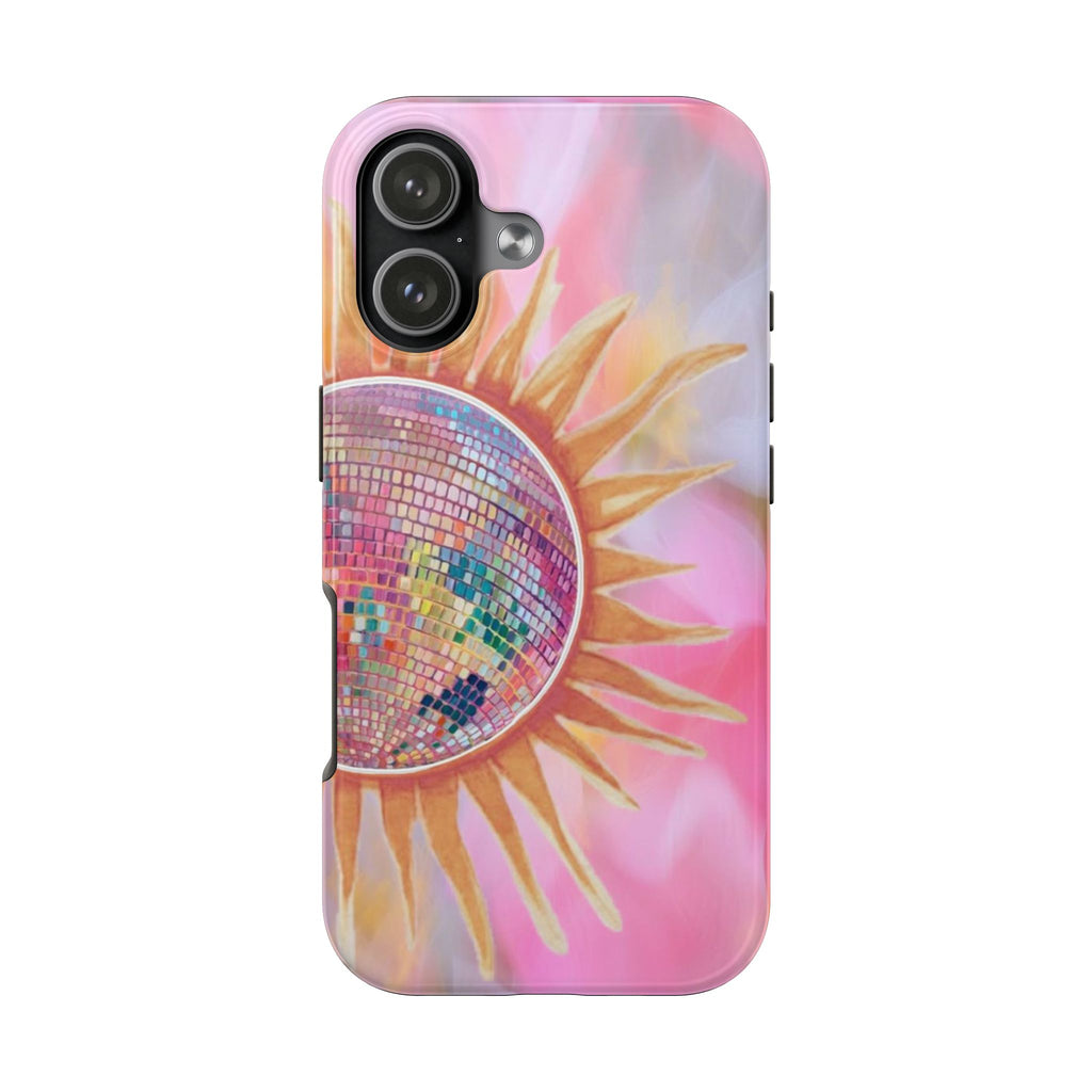 Pink phone case with colorful sunburst mosaic and camera cutouts