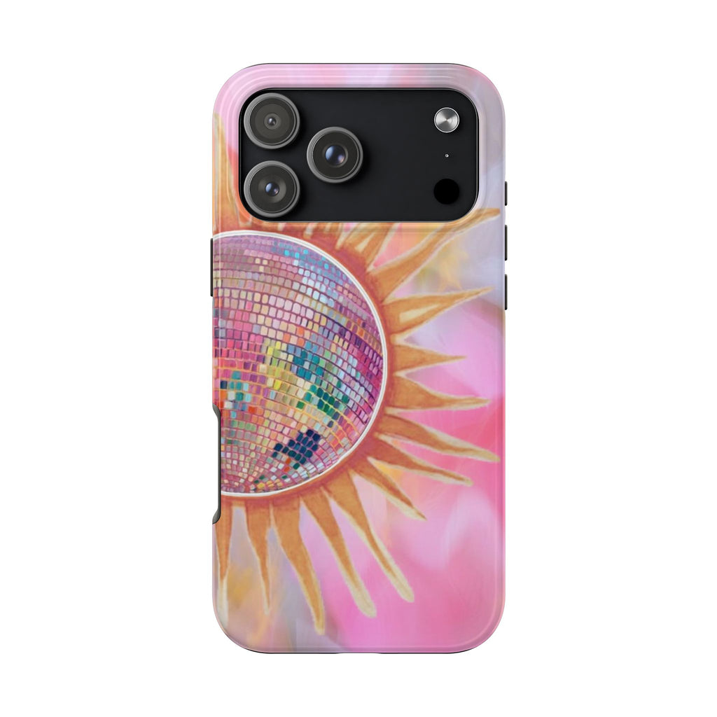 Pink phone case with sunburst mosaic and raised camera ring detail