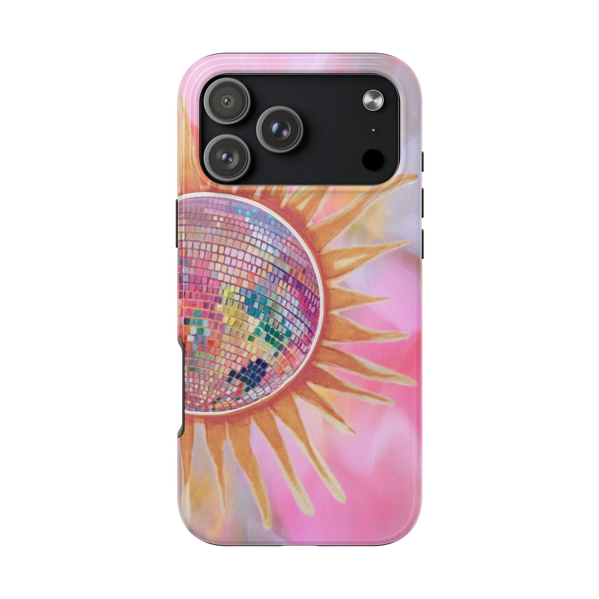 Pink phone case with sunburst mosaic and raised camera ring detail