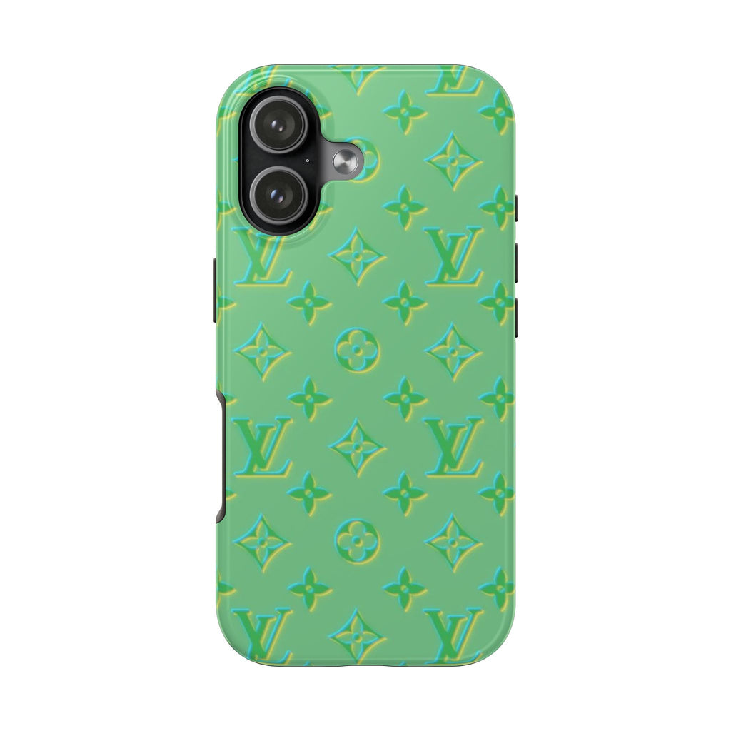 Lime green phone case with scattered LV monogram pattern and camera cutouts