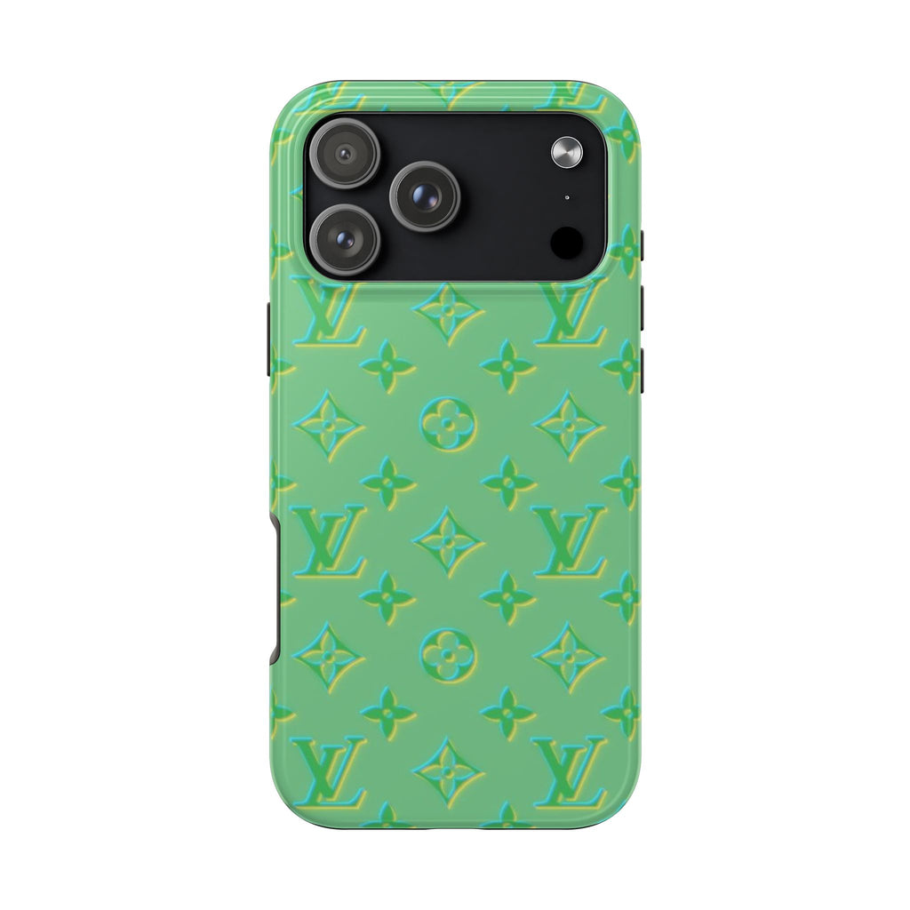 Lime green phone case with LV-style monogram pattern and camera cutouts