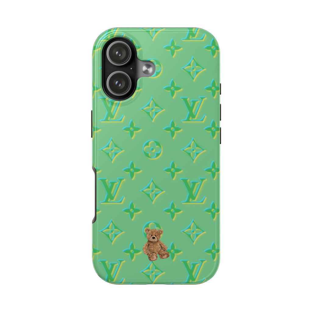 Lime green mini teddy bear phone case with LV monogram pattern and raised edges