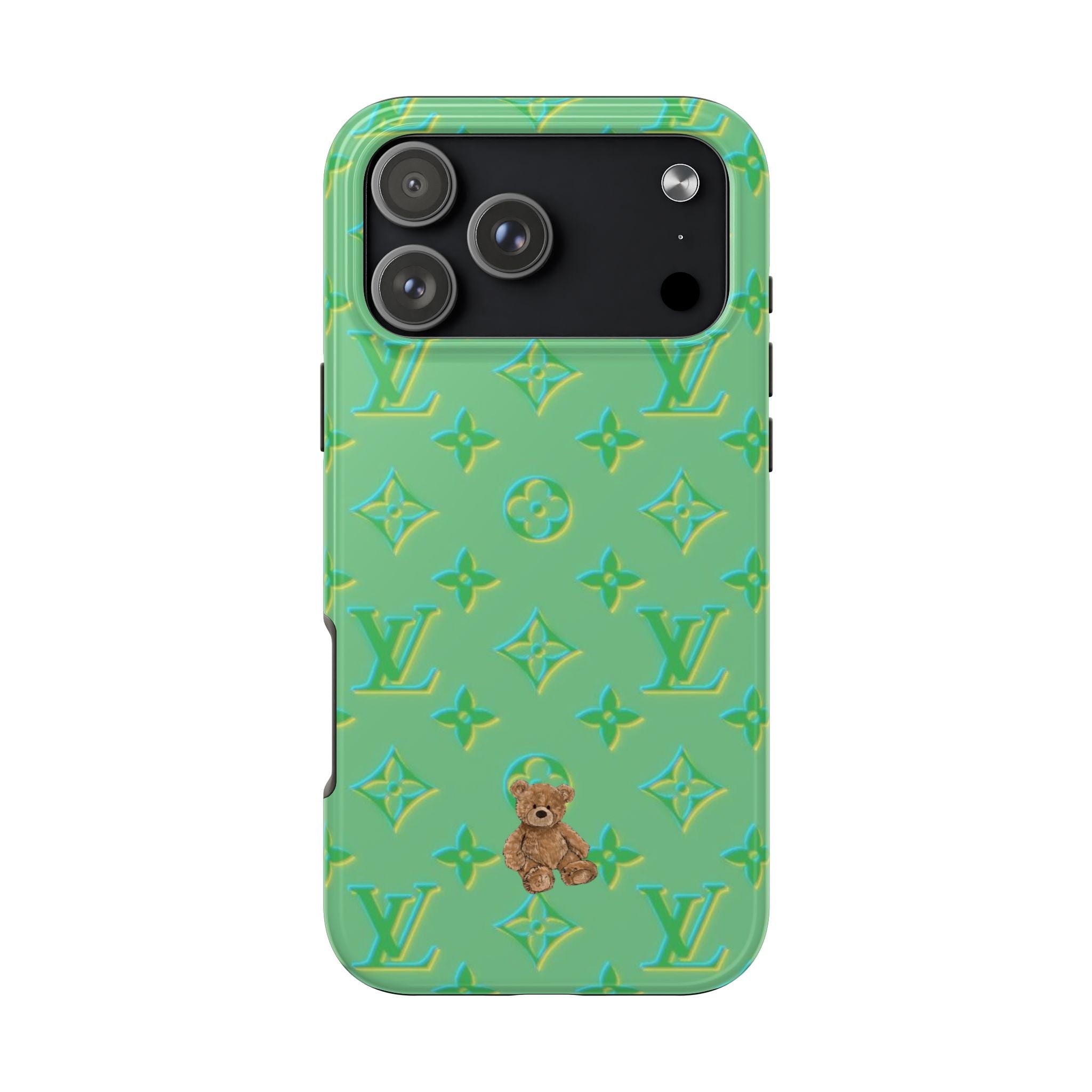 Lime green mini teddy bear phone case with LV monogram pattern and dark camera window
