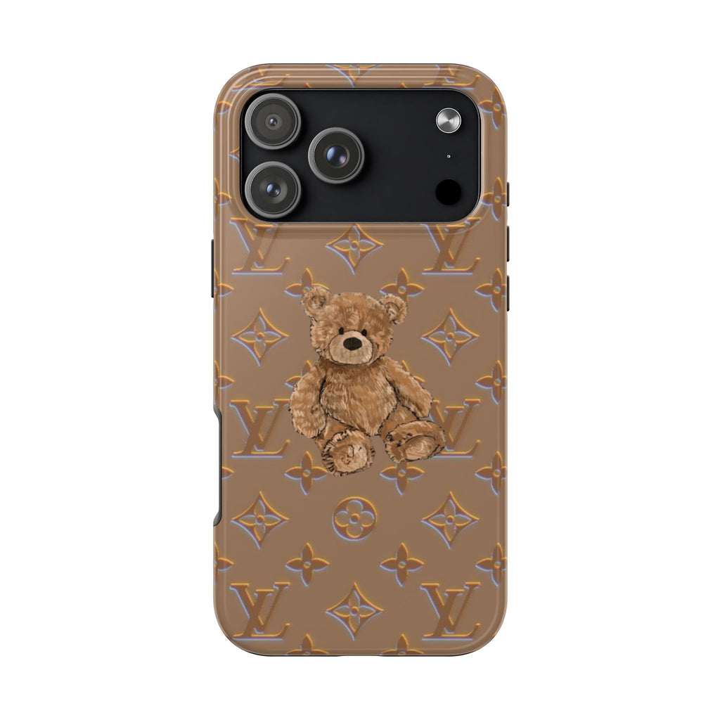 Taupe phone case with teddy bear applique and LV-style monogram pattern, camera cutouts.