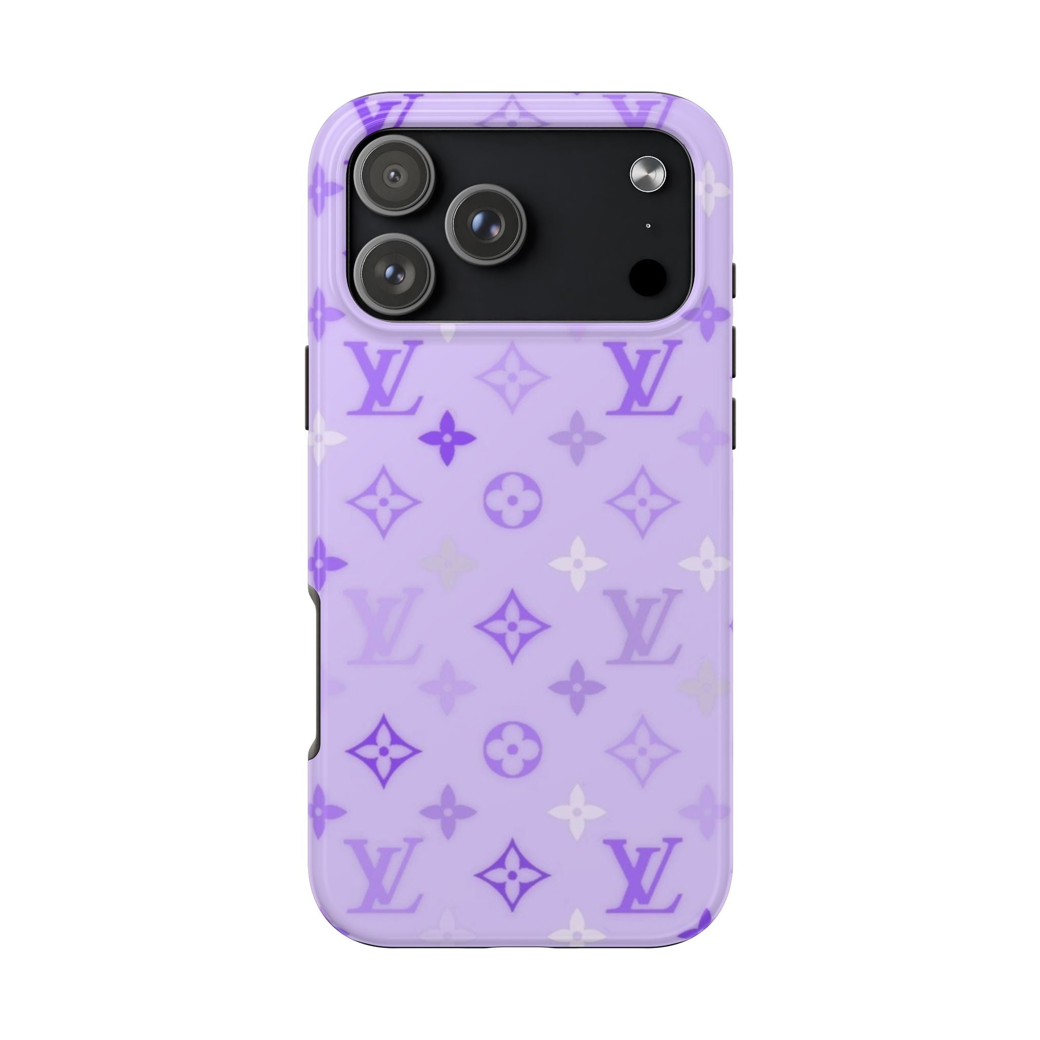 Lavender phone case with repeating LV logos and dark raised camera module
