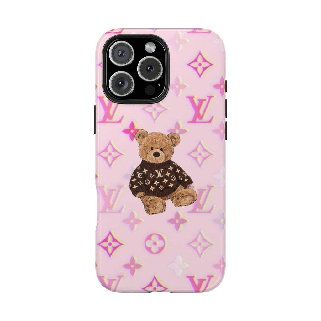 Pink phone case with LV monogram pattern and teddy bear wearing dark shirt