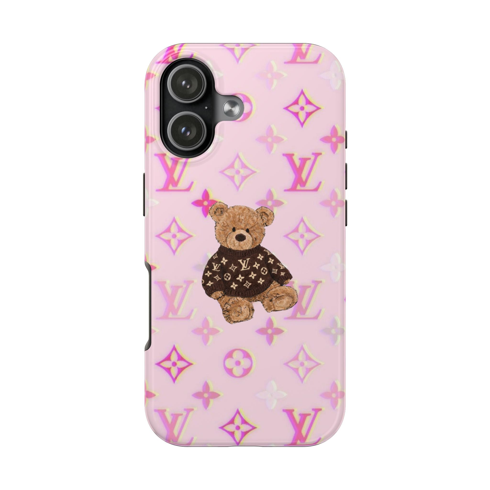 Pink phone case with LV monogram pattern and teddy bear wearing dark sweater