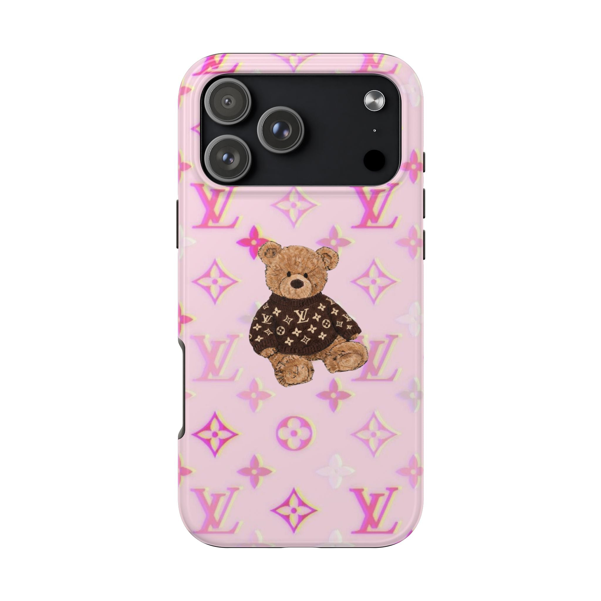 Pink phone case with LV monogram pattern and teddy bear in dark outfit