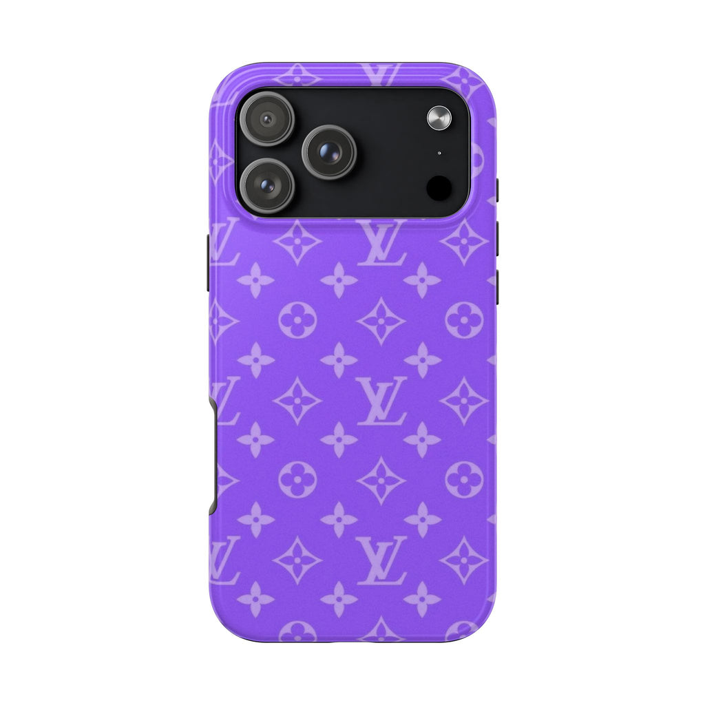 Purple phone case with repeating LV monogram pattern and black camera window