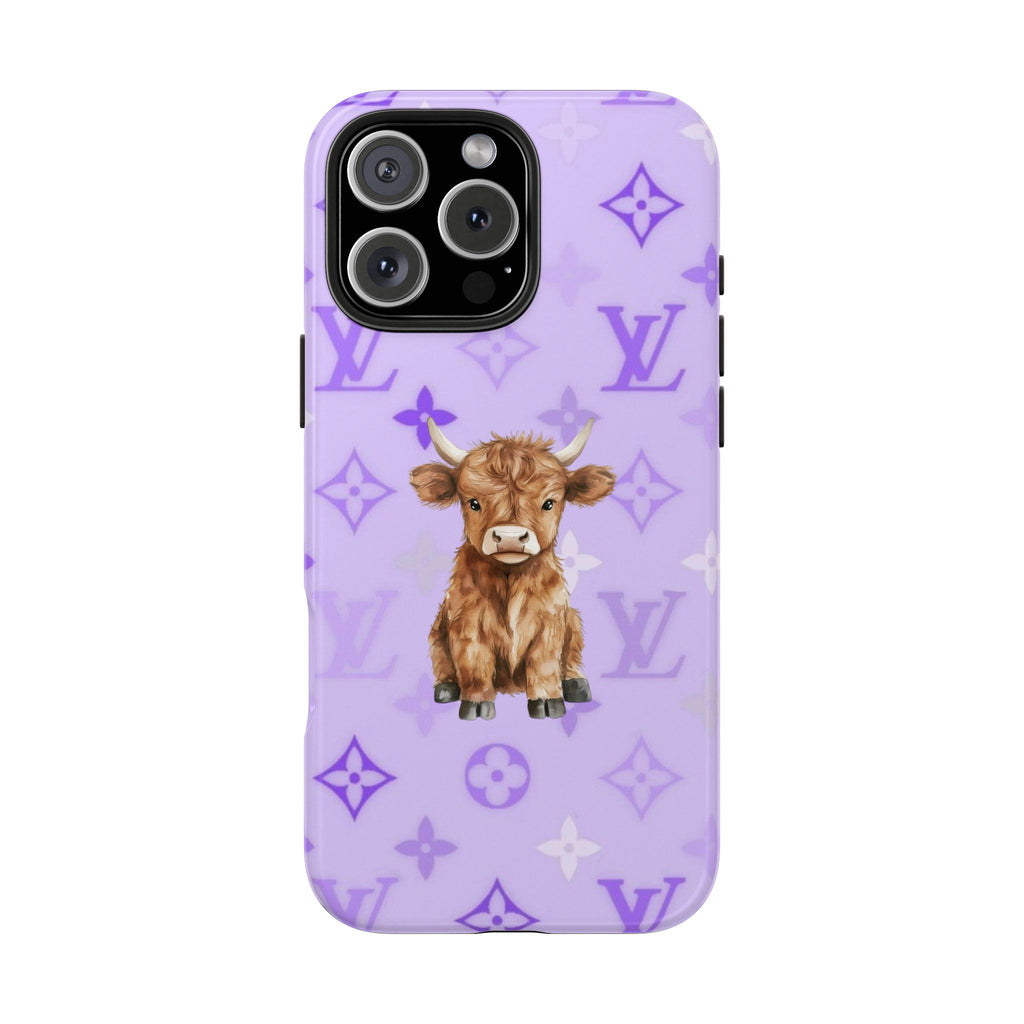 Lavender phone case with Highland cow graphic, purple monogram pattern, and camera cutout