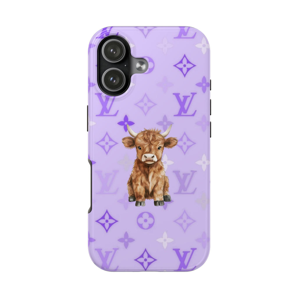 Lavender phone case with Highland cow graphic and purple monogram pattern; camera cutouts
